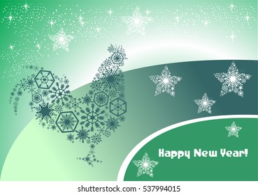 Mysterious Christmas card with a cock on a green background. Oriental flavor.