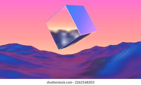 Mysterious chrome cube flying over alien planet terrain. 80s styled retro sci-fi landscape with mountains and sundown.