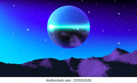 Mysterious chrome sphere flying over alien planet terrain. 80s styled retro sci-fi landscape with mountains and sundown