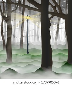 Mysterious city park with a lot of tree trunks inside the clouds of grey and white fog. Lamp post shining up road between the woods. Vector illustration.