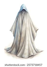 Mysterious cloaked figure, ethereal watercolor style, ghostly presence, artistic interpretation, haunting atmosphere.