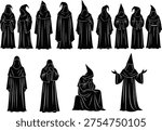 Mysterious collection of hooded monk and wizard silhouettes featuring black vector figures in robes for fantasy RPG games dark magic and medieval history designs