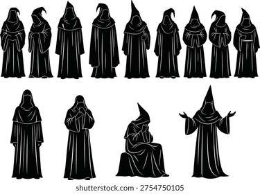 Mysterious collection of hooded monk and wizard silhouettes featuring black vector figures in robes for fantasy RPG games dark magic and medieval history designs