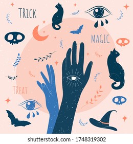 Mysterious colorful hand drawn magic design element set. Doodle style, magician sketch collection. Witchcraft symbols: Hand, black cat, skull, eyes... Good for tattoo, textile, background... Flat vector