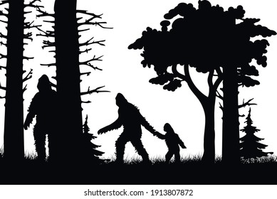 Mysterious creature bigfoot in the middle of jungle vector poster design template