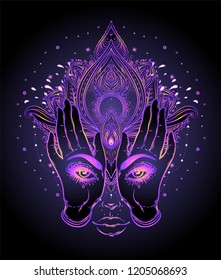 Mysterious creature with eyes on the hands over vector ornamental Lotus flower and praying hands, patterned Indian paisley. Invitation element. Tattoo, astrology, alchemy, boho and magic symbol.
