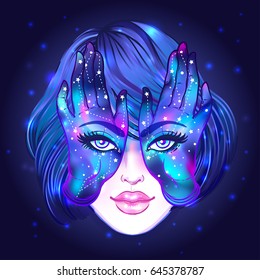 Mysterious creature with eyes on the hands. Hand drawn illustration over night sky. Occult design vector illustration.  Vector isolated on white. Astrology, Sacred Spirit. 