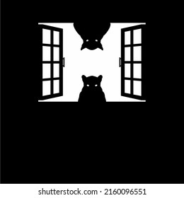 Mysterious Creature on the Window Silhouette. Creepy, Horror, Scary, Mystery, or Crime Illustration. Art Illustration for Horror Movie or Halloween Poster Design Element. Vector Illustration