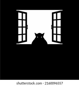 Mysterious Creature on the Window Silhouette. Creepy, Horror, Scary, Mystery, or Crime Illustration. Illustration for Horror Movie or Halloween Poster Design Element. Vector Illustration