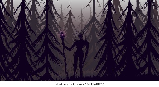 mysterious creature in the woods vector illustration. Halloween illustration of dark forest and magical monster