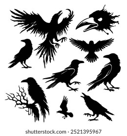 Mysterious Crow Silhouette Collection for Halloween Themes (Coleção de Silhuetas Misteriosas para Temas de Halloween)