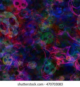 Mysterious dark background of twisted wavy lines and stylized skulls. Colored smoke and ghosts. Abstract seamless vector pattern for for Halloween, fabrics, printing, book covers, home design
