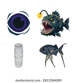 Mysterious deep sea vector set illustrating a monster eye anglerfish glass sponge and silver fish.