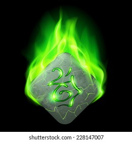 Mysterious diamond-shaped stone with magic rune in green flame