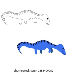 Mysterious dinosaur in color and outline isolated on white background. Jurassic period. Stock vector illustration for decoration and design, postcards, fabrics, packaging, coloring, children's textile