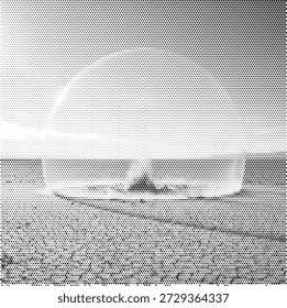 Una ilustración misteriosa del modelo del punto de una bola de cristal o de una burbuja de cristal que descansa en una superficie arenosa. Este diseño abstracto representa la magia, la adivinación y las predicciones futuras. Perfecto para marcas espirituales, portadas de libros de misterio, volantes de tiendas de magia e impresiones artísticas creativas. Los puntos semitonos crean un reflejo esférico realista y una textura de arena granulada. Gráfico de Vector escalable para narración visual atmosférica y enigmática.