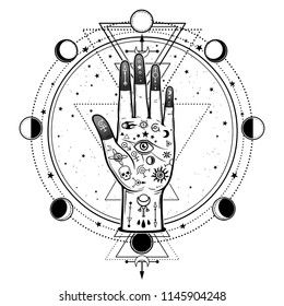 Mysterious drawing: divine hand, providence eye, sacred geometry, phases of the moon. Esoteric, mysticism, occultism. Vector illustration isolated on a white background. Print, poster, t-shirt, card.