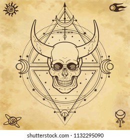 Mysterious drawing: horned skull, sacred geometry, space symbols. Alchemy, magic, esoteric, occultism.  Background - imitation of old paper. Vector Illustration.