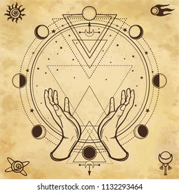 Mysterious drawing: human hands hold a magic circle, sacred geometry. Space symbols. Background - imitation of old paper. Place for the text. Esoteric, mysticism, occultism.  Vector illustration.