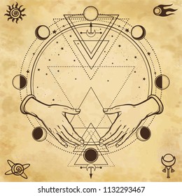 Mysterious drawing: human hands hold a magic circle, sacred geometry. Space symbols. Background - imitation of old paper. Place for the text. Esoteric, mysticism, occultism.  Vector illustration.