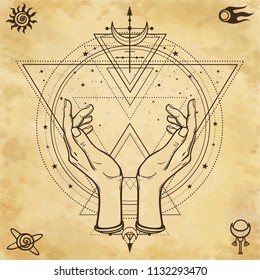 Mysterious drawing: human hands hold a magic circle, sacred geometry. Space symbols. Background - imitation of old paper. Place for the text. Esoteric, mysticism, occultism.  Vector illustration.