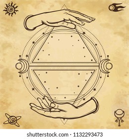 Mysterious drawing: human hands hold a magic circle, sacred geometry. Space symbols. Background - imitation of old paper. Place for the text. Esoteric, mysticism, occultism.  Vector illustration.