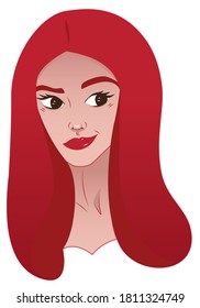 Mysterious emotion of a girl in sticker format. Sticker of an emotional girl with red hair who's up to something. Vector stock illustration isolated on white background.