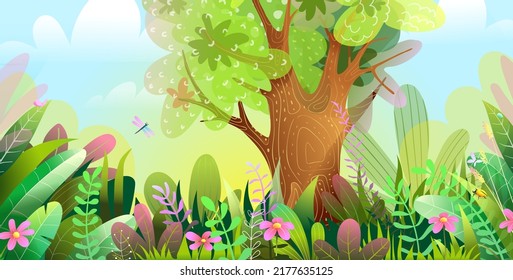 Mysterious enchanted forest wallpaper for kids. Childish illustration of a magic woodland, cute colorful forest cartoon. Vector scenery graphics.