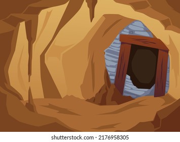 Mysterious entrance inside of stone cave or mine, cartoon flat vector illustration. Rocky or sandy cave tunnel. Concepts of extreme traveling, adventures and explorations.