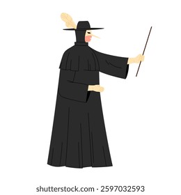 A mysterious figure in a black cloak and widebrimmed hat holds a wand, exuding enchantment and intrigue