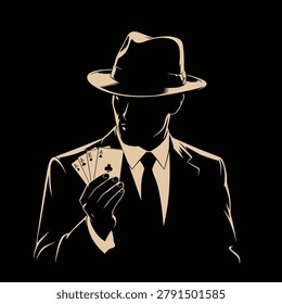Mysterious figure in a fedora hat holding cards, suitable for casino themes, mystery novels, or private investigator branding.