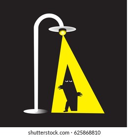 A mysterious figure steps out of the light from a street lamp in a surreal humorous illustration.