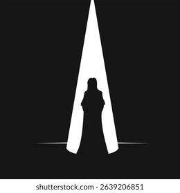 A mysterious figure's silhouette is seen standing in a bright white spotlight.