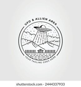 mysterious flying UFO on mountain line art logo vector illustration design