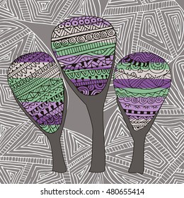 Mysterious foggy forest. Three trees doodling style vector image