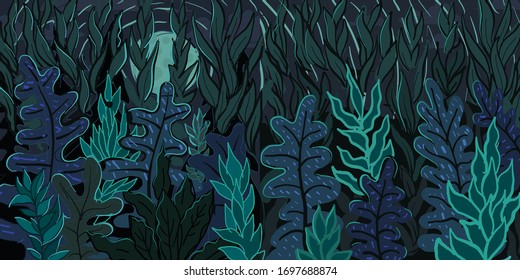 geheimnisvoller Wald. Hintergrundebene bei Nacht. Cartoon farbige Illustration des tropischen Regenwalddschungels.