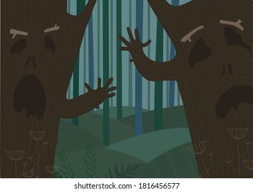 Mysterious forest background.Vector illustration of a creepy dark night forest with mist. Scary forest.Spooky, scary trees at night. Helloween scene.