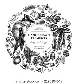 Mysterious forest circle design. Hand drawn waxwing, snail, pool frog, spruce branch, pine cones, insect, porcini, red currant, oak, rowan, forget me not flower, clover, shepherd s purse.
