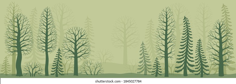 Mysteriöser Wald im Nebel. Vektorsilhouettenbäume, Fichten und Büsche einzeln auf marschfarbenem Hintergrund. Zweige ohne Blätter. Waldelemente für Design