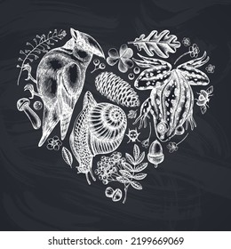 Mysterious forest heart vintage design. Hand drawn waxwing, snail, pool frog, insect, porcini, oak, rowan, forget me not flower, clover, shepherd s purse.
