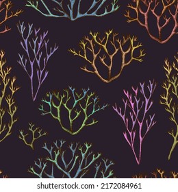 Mysterious forest seamless pattern background design. Engraved style. Hand drawn moss.