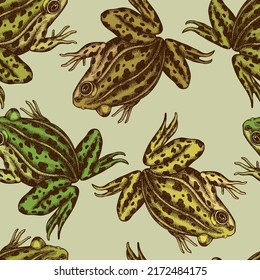 Mysterious forest seamless pattern background design. Engraved style. Hand drawn pool frog.