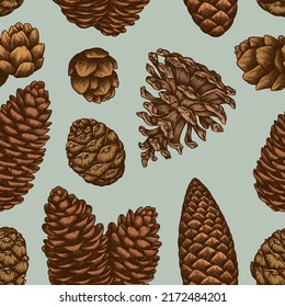 Mysterious forest seamless pattern background design. Engraved style. Hand drawn pine cones.