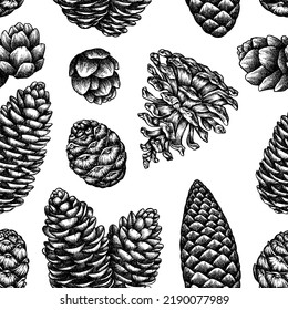 Mysterious forest seamless pattern background design. Engraved style. Hand drawn pine cones.