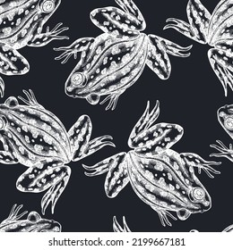 Mysterious forest seamless pattern background design. Engraved style. Hand drawn pool frog.