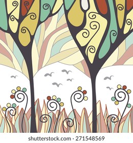 Mysterious forest with stylized trees, grass, flowers and birds.