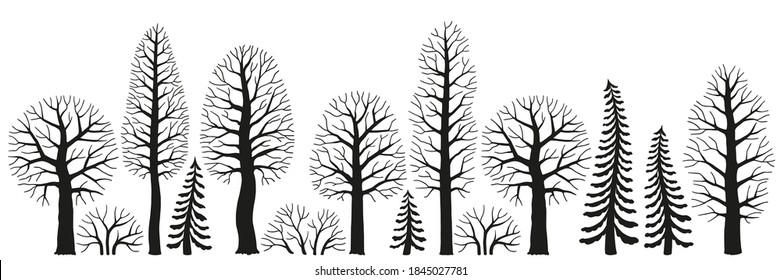 Mysterious forest. Vector black silhouette trees and spruce and bushes isolated on white background. Branches without leaves. Forest elements for design