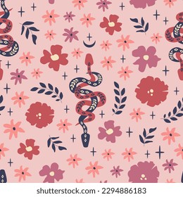Mysterious garden, fairytale. Snakes, insects, retro flowers. Mystical symbols. Halloween. Floral seamless pattern, background. 
