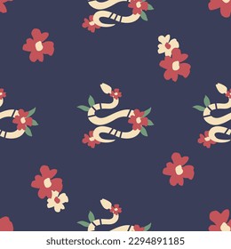 Mysterious garden. Snakes, insects, retro flowers. Mystical symbols. Halloween. Floral fairy seamless pattern, background, digital paper. 