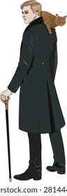 Mysterious gentleman with a walking cane and orange cat on his shoulder vector illustration. Classy man wearing a long dark trench coat isolated on white background.